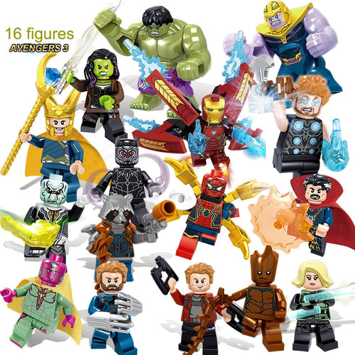 New 16pcs/set Super Heroes Marvel the Avengers 3 figures Iron Man Thanos Falcon Gamora Hulk Building Blocks action toys